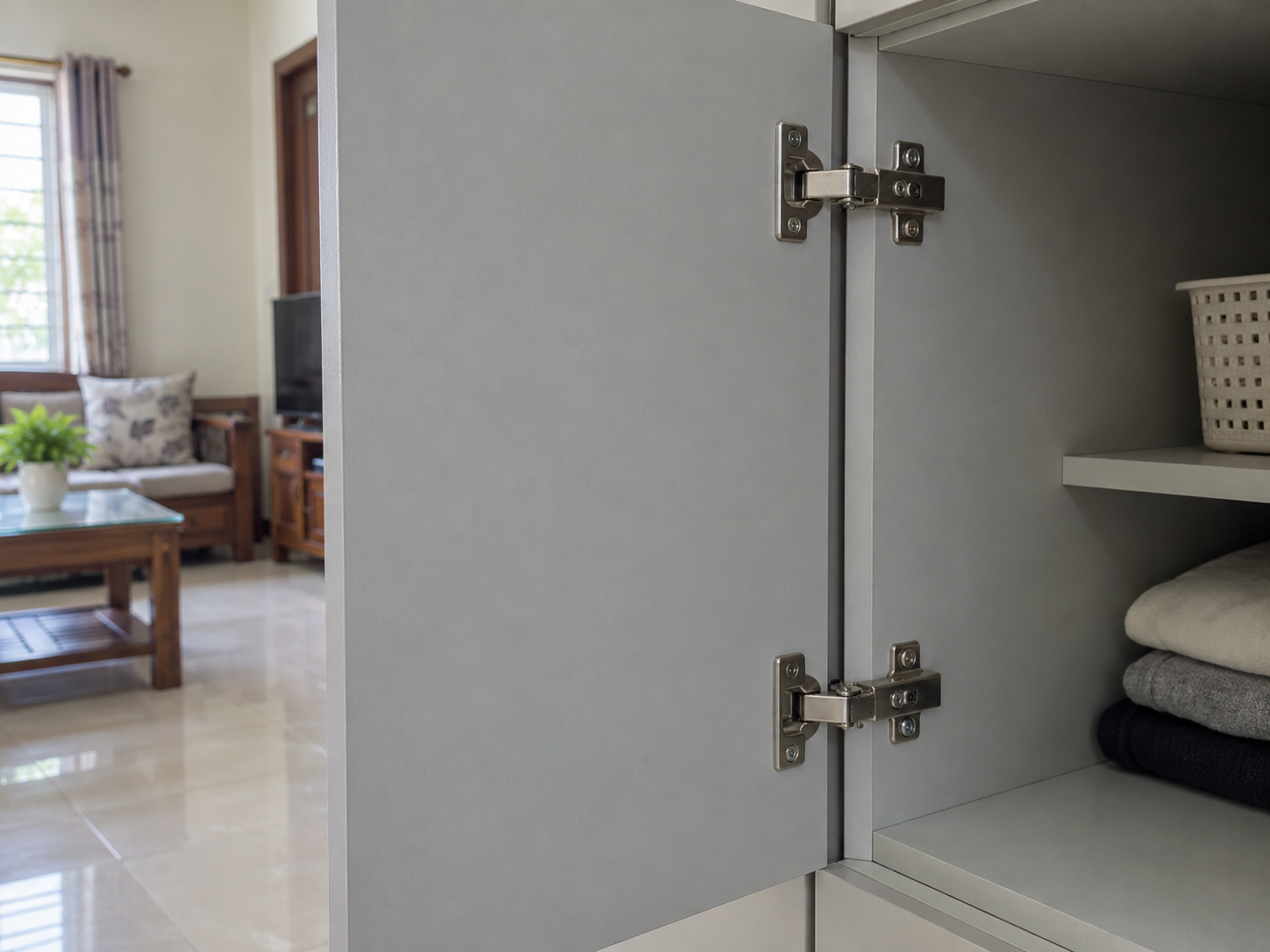 Cánh tủ nhựa phẳng và bản lề phổ thông nhìn ở cự ly gần