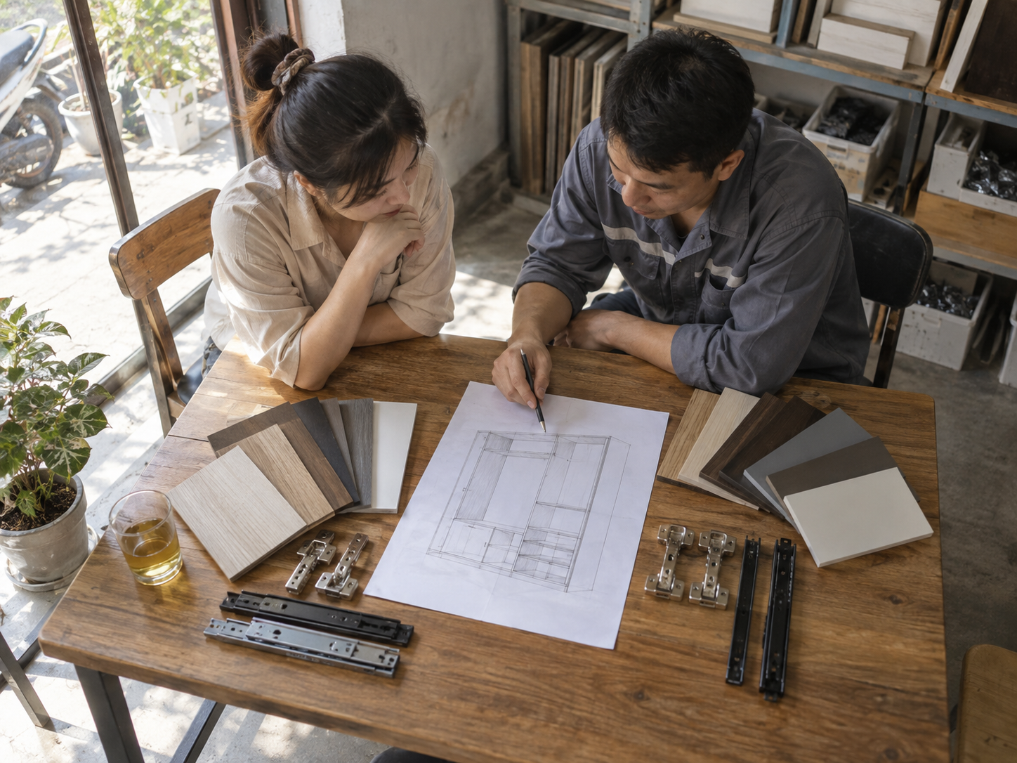 Mẫu tấm và bản phác thảo được trao đổi tại bàn tư vấn