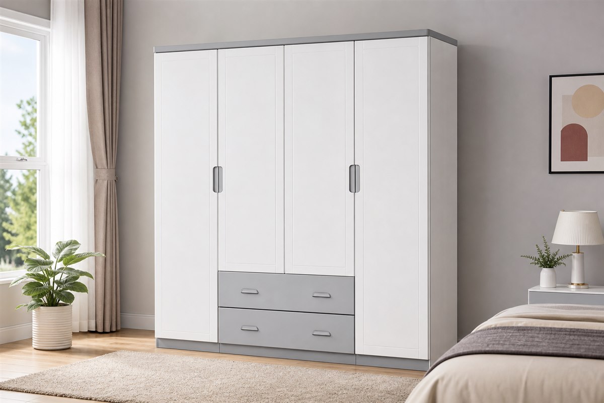 Tủ áo 4 cánh trắng ghi thanh lịch thiết kế theo kích thước thực tế