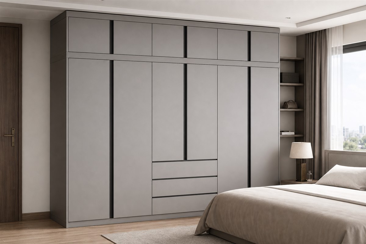 Tủ áo 6 cánh kịch trần phối đen thiết kế theo kích thước thực tế