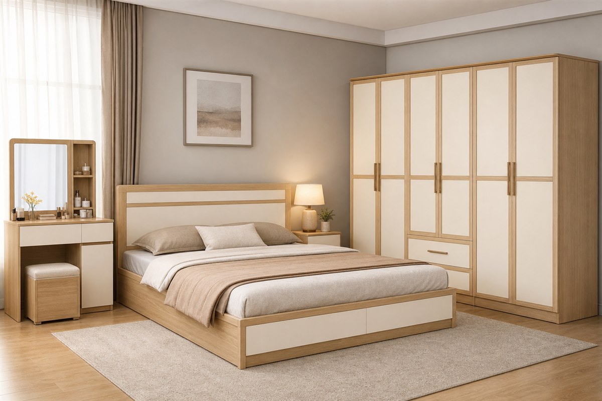 Tủ áo liền giường phong cách vân gỗ thiết kế theo kích thước thực tế