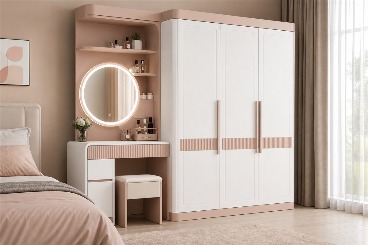 Tủ áo liền bàn trang điểm gương LED thiết kế theo kích thước thực tế