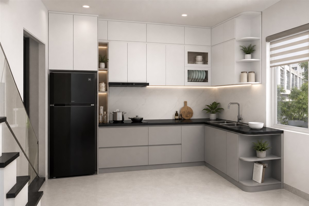Tủ bếp chữ L nhỏ gọn màu trắng ghi thiết kế theo kích thước thực tế