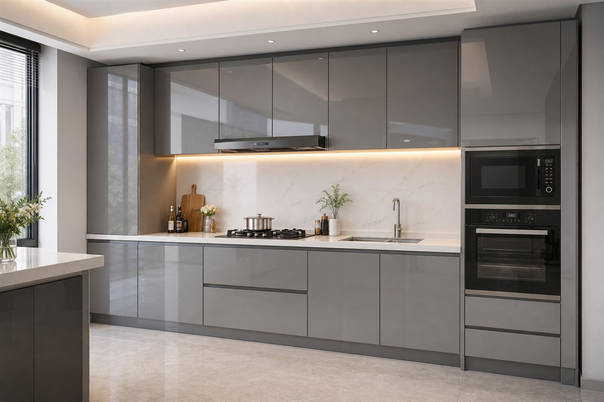 Tủ bếp ghi bóng mặt đá trắng thiết kế theo kích thước thực tế