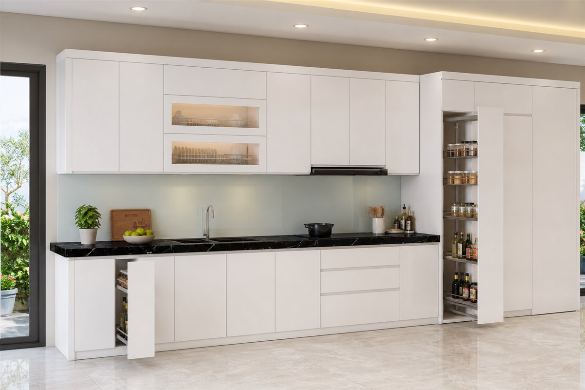 Tủ bếp trắng mặt đá đen phụ kiện kéo thiết kế theo kích thước thực tế
