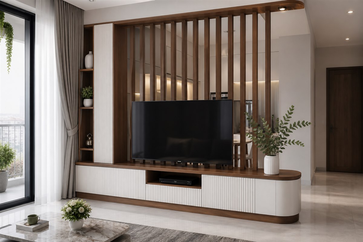 Kệ TV liền vách song phòng khách thiết kế theo kích thước thực tế