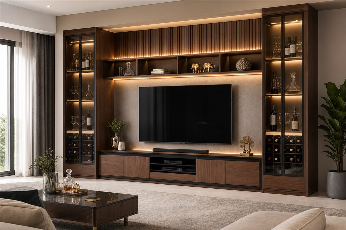 Kệ TV tích hợp tủ rượu hai bên thiết kế theo kích thước thực tế