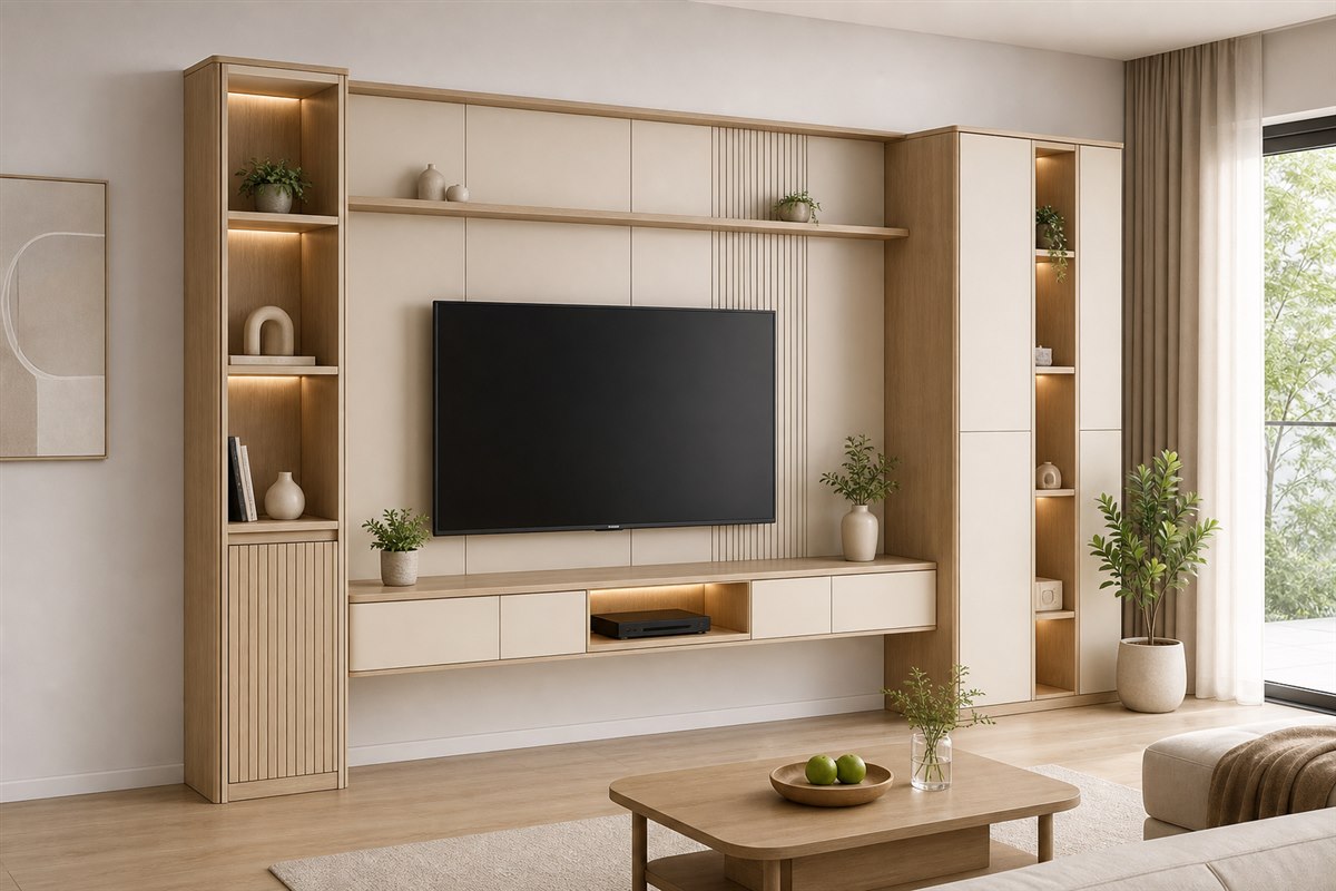 Kệ TV vách trang trí vân gỗ sáng thiết kế theo kích thước thực tế