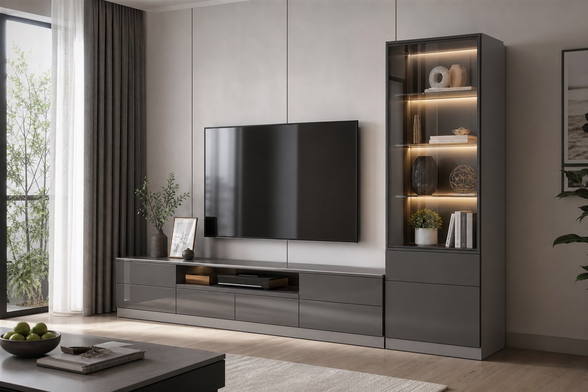 Kệ TV màu ghi có đèn LED thiết kế theo kích thước thực tế