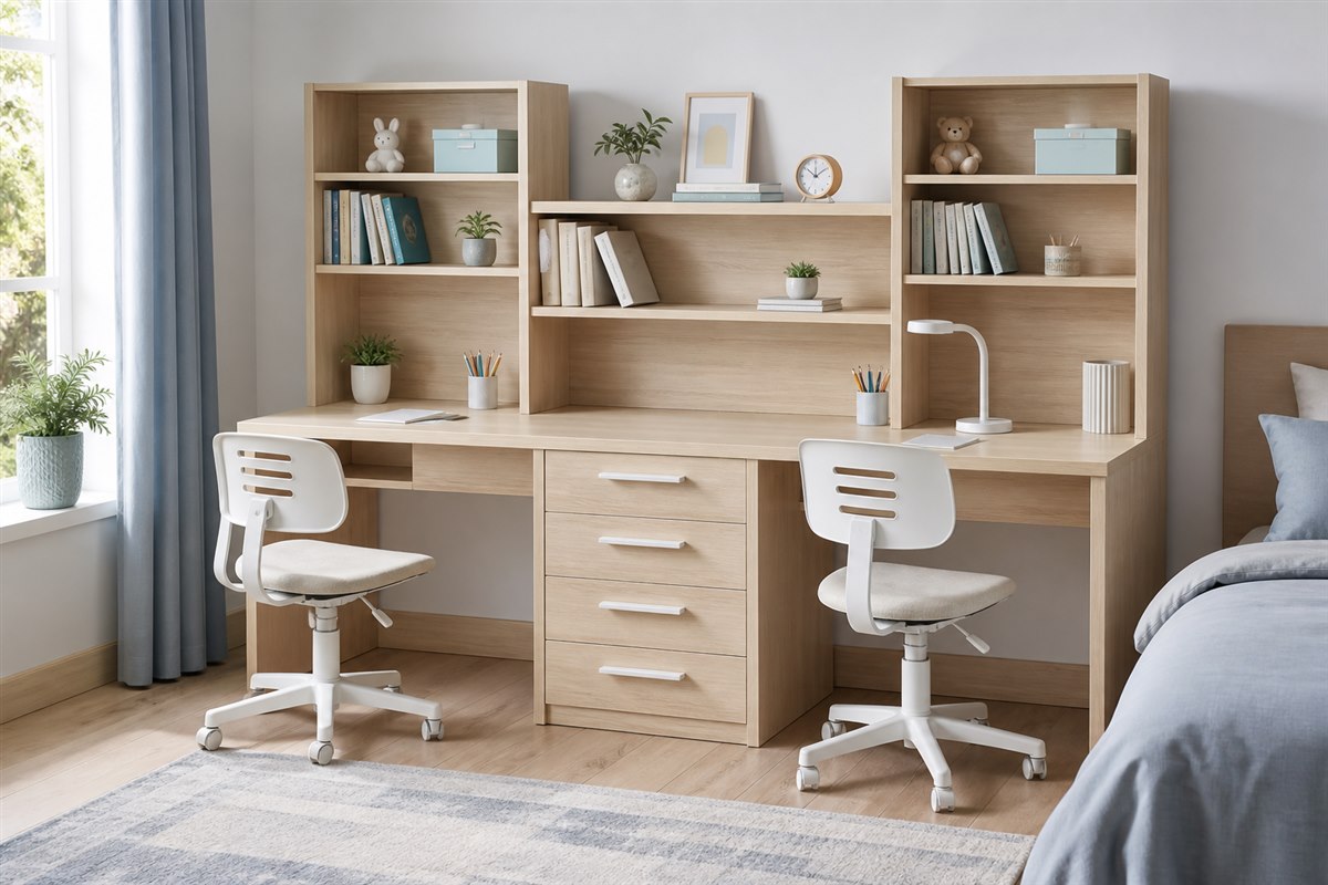 Bàn học đôi vân gỗ liền giá sách thiết kế theo kích thước thực tế