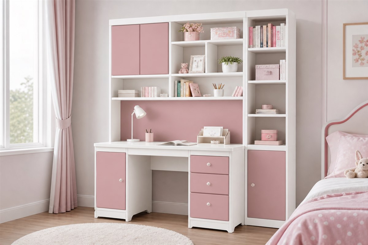 Bàn học bé gái trắng hồng nhiều ngăn thiết kế theo kích thước thực tế