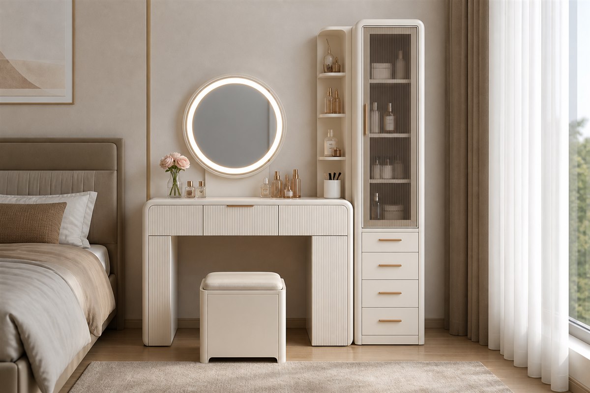Bàn trang điểm liền tủ gương LED tròn thiết kế theo kích thước thực tế