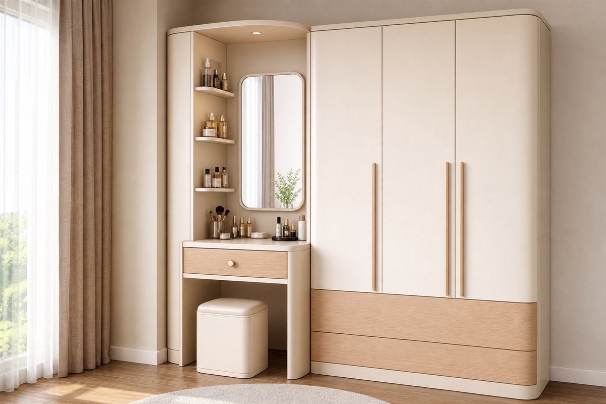Bàn trang điểm mini liền kệ góc thiết kế theo kích thước thực tế