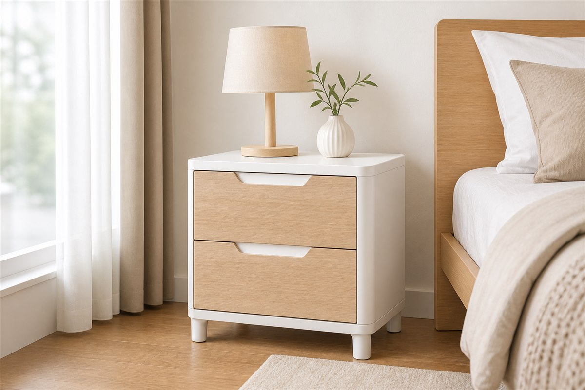 Tủ đầu giường trắng phối vân gỗ thiết kế theo kích thước thực tế
