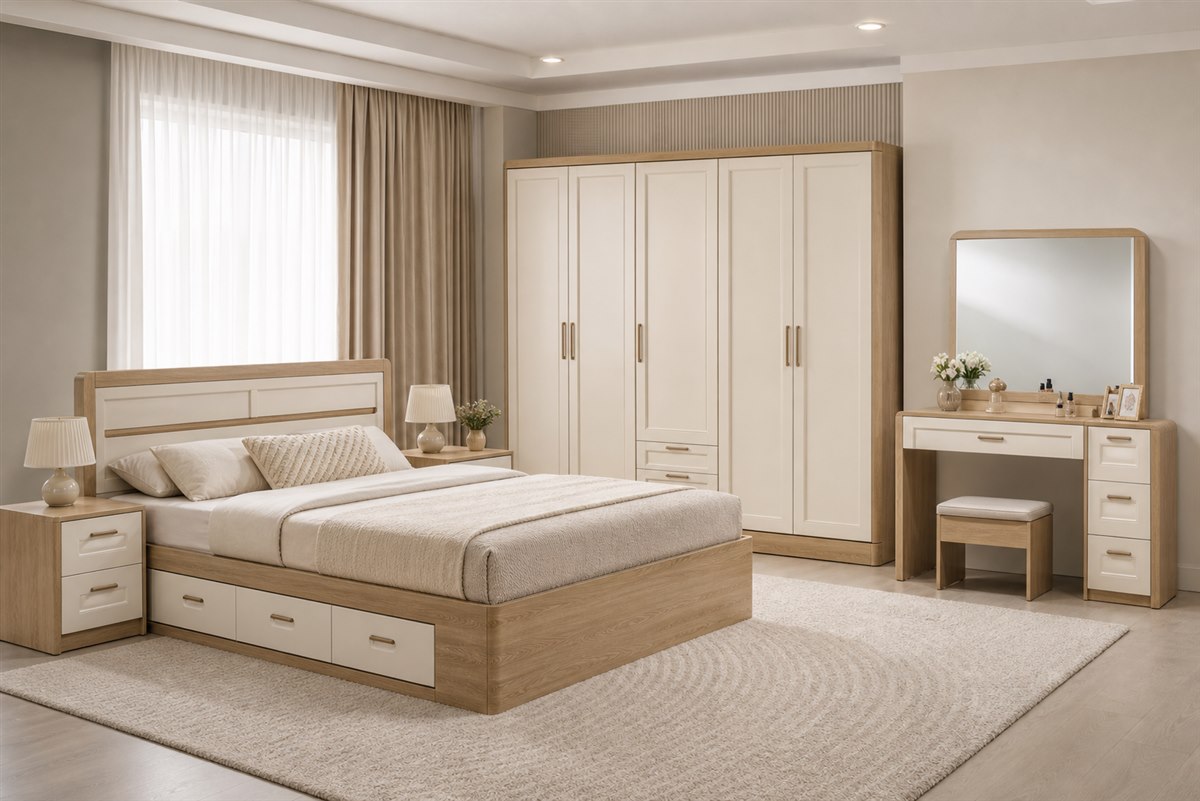 Combo phòng ngủ vân gỗ sáng thiết kế theo kích thước thực tế